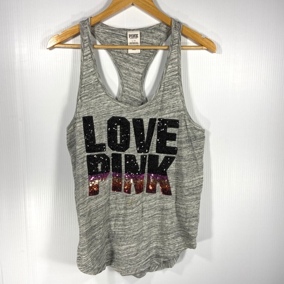 Victorias Secret PINK Gray Racerback Tank Top Sequin LOVE PINK Womens Large - Picture 1 of 8